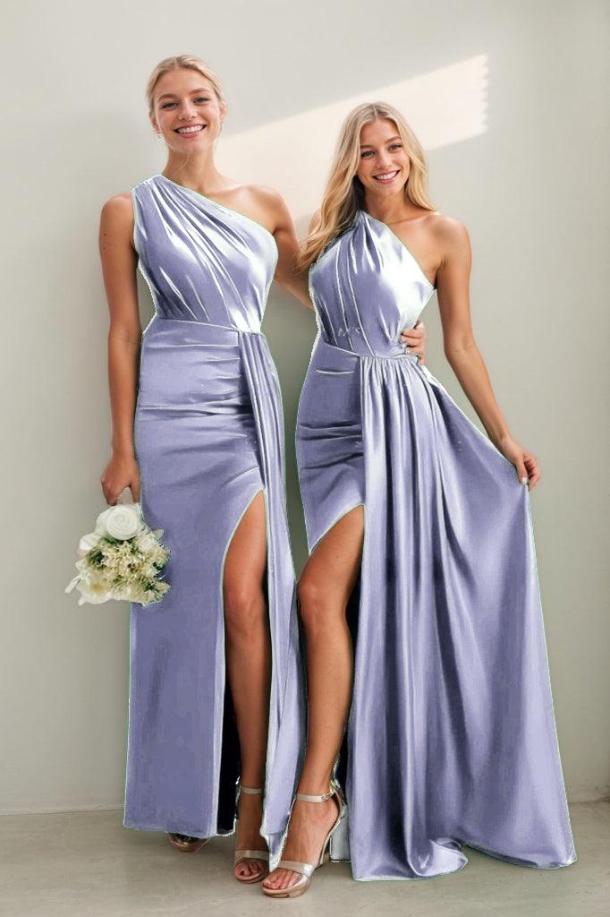 One Shoulder Satin Sheath Bridesmaid Dress with Split CB0808 - Lilac - COCOMELODY